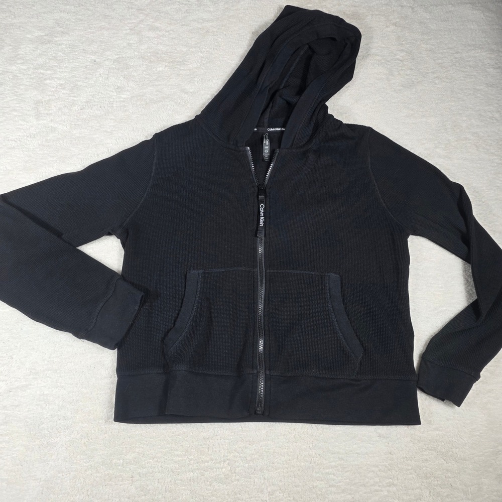 Calvin Klein Performance Hoodie Womens Large Black Waffle Knit Zip Up PF3J4251